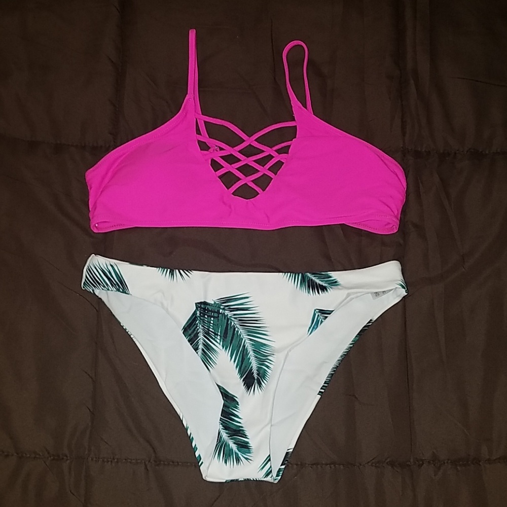 Hot pink bikini top and tropical bottoms L NIP
